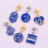 Tirette de fermeture éclair élégante et haut de gamme en métal plaqué or, émail souple, style grec, motif bouche d'oiseau bleu roi et blanc, personnalisable en gros