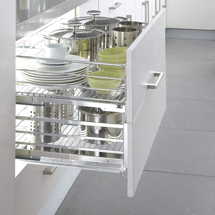 Moderne Küchenaufbewahrungsschränke weich schließbares Fach Seiten-Schale- und Schüsselregale Regal Schubladen Ausziehbarer Korb