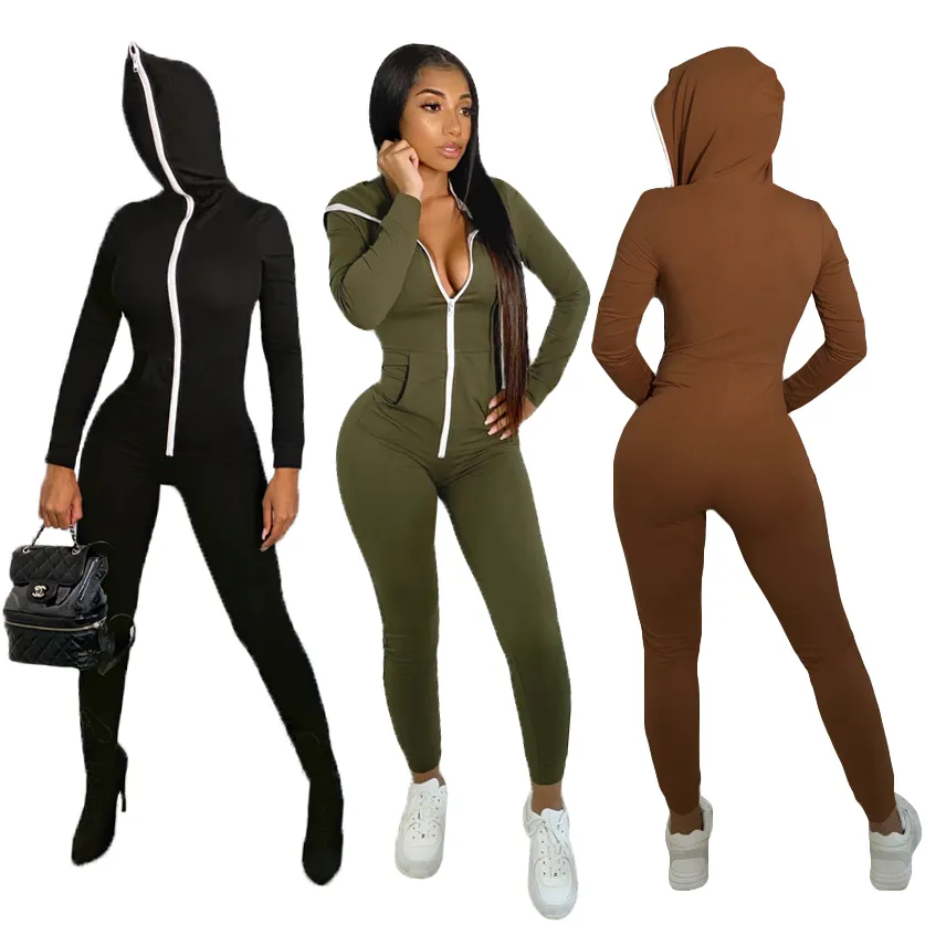 Trendy one piece body suit full face zip ups blank custom hoodie black lone sleeve zipper hooded womens jumpsuit romper