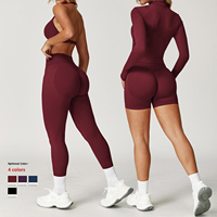 Ensemble de yoga personnalisé 4 pièces pour femme : Soutien-gorge dos nu taille haute effet push-up, veste zippée, leggings et short anti-transparence pour la gym