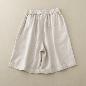 Women's Cotton Linen Bermuda Shorts Elastic High Waist Wide Leg Loose Casual Mid Length Pants Breathable Summer Style - Product Image 4