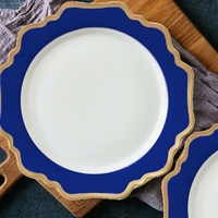 Service de table en céramique à motif tournesol, bordure bleue et dorée, style occidental, logo personnalisé, vaisselle décorative pour hôtel, vente en gros
