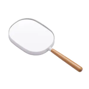 Benutzer definiertes Logo Umwelt freundlicher ovaler eleganter weißer tragbarer Kunststoff rahmens piegel Holzgriff Hand kosmetik spiegel