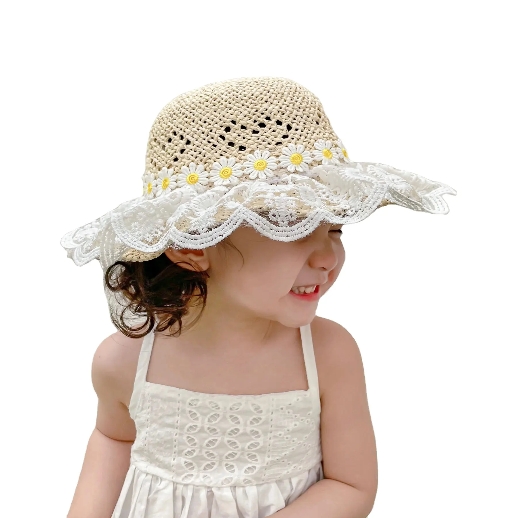 Baby little girls kids sunhats flower ricamo pizzo tesa larga outdoor beach sun hats crochet sun floppy toddler girl hats