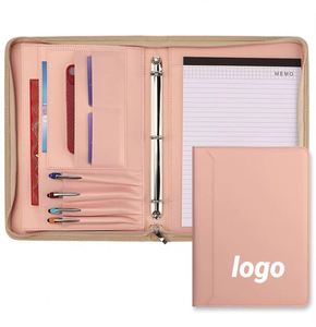 Cross-Border for Hot-Selling A4 PU Leather Zipper <b>Binder</b> with <b>Ring</b> <b>Binder</b> Pockets & Pen Loops for Business Document Storage - Product Image 1