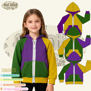 Veste à capuche zippée unisexe pour enfants, design patchwork trois couleurs <span class=keywords><strong>vert</strong></span>, violet et jaune, idéale pour le carnaval - Product Image 1