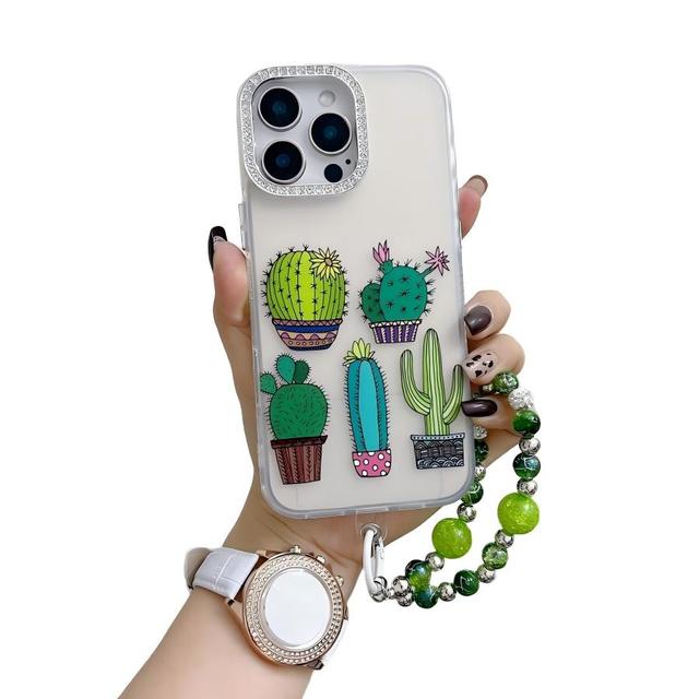 Cute Cactus Cartoon Phone Case with Beaded Wrist Strap, Clear Protective Cover for iPhone 17 Pro Max 16 Plus 15 14 13 12 11 Oppo
