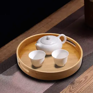círculo bandeja de mesa Suppliers-Bandeja redonda grande de 14 polegadas, bandeja redonda com alça, círculo de madeira de bambu, bandeja decorativa para mesa de café ottoman