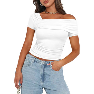 W4366 vendita calda da donna tinta unita a spalla singola t-shirt Slim Fit a manica corta da donna <span class=keywords><strong>camicetta</strong></span> corta - Product Image 1