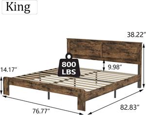 Cadre de lit king size en bois rustique vintage avec tête de lit et <span class=keywords><strong>lattes</strong></span> en bois, assemblage facile, fabrication en usine - Product Image 4