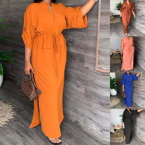 Robe à col montant, col en V, manches longues, <span class=keywords><strong>orange</strong></span>, taille plus, avec cordon de serrage, pour femmes musulmanes, robes nigérianes, élégante - Product Image 6