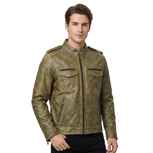LEATHER TEX <b>Men</b> Rub Classic Genuine Cowhide Leather <b>Jacket</b> Quick Dry Stand Collar Zipper Closure Vintage Distressed Finish - Product Image 1