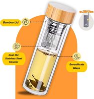 Botella de Agua con Infusor de Té de Vidrio de Borosilicato de Doble Pared y Aislamiento de 500 ml, Tapa de Bambú, Termo de Vidrio para Viajes