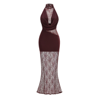 Robe longue sexy à col roulé avec empiècements en dentelle et plis, sans manches, couleur unie, plissée, pour soirée, cocktail, fête