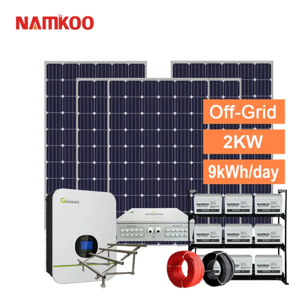 Set completo di kit di pannelli solari 2kw sistema di energia solare con 2kw off-grid inverter batteria pannelli