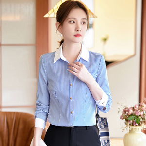 Blue Striped Long Sleeve Shirt Women Cotton Poplin Office Wear Contrast Collar Autumn Top - Product Image 3