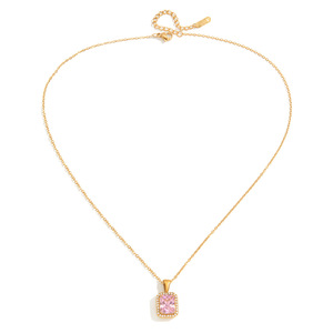 Pink Zircon Pendant Necklace Gold <b>Chain</b> Pave Setting Geometric Square Women's Jewelry Gift Leisure Fashion - Product Image 5