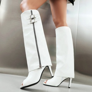 Botas de tacón alto fino y sexy con punta abierta, talla grande 48, con cremallera lateral, estilo stiletto, para verano, con cinturón metálico, hasta la rodilla, para mujer - Product Image 4