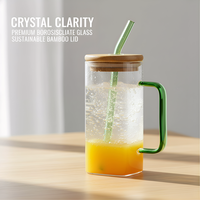 Bouteille carrée vide en verre borosilicate transparent de 13 oz avec poignée et paille, pour boissons (cola, jus, lait, thé, eau), avec couvercle en bambou