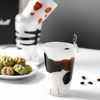 Mug à café en verre borosilicate givré de 300 ml avec motif de patte de chat mignon, motifs d'animaux de dessin animé, sans BPA, compatible micro-ondes et lave-vaisselle, réutilisable