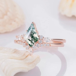 925 <strong>Sterling</strong> <strong>Silver</strong> Vintage Kite Cut Moss Agate Diamond Engagement <strong>Ring</strong> <strong>Set</strong> 14k Rose Gold Green Moss Agate Wedding Bridal <strong>Set</strong> - Product Image 2