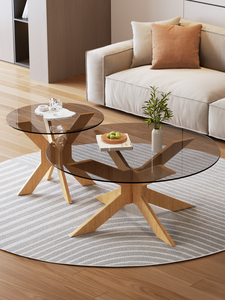 Modern Round Tempered <b>Glass</b> Coffee <b>Table</b> with Wood Base <b>Nesting</b> Design Multi-Purpose Home Furniture - Product Image 1