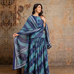 Premium Blue 60x60 Cotton Skirt and Short <b>Kurti</b> Set with Leheriya Print Flared Maxi Skirt and Matching Dupatta <b>for</b> <b>Women</b> - Product Image 1