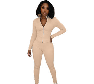 Set pakaian wanita santai dua potong, setelan pakaian wanita, jaket Dan celana Legging lengan panjang, Poly Spandex, Ribbed, dua potong - Product Image 2