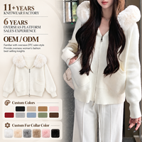 Cardigan en tricot pour femme avec capuche en fausse fourrure, fermeture éclair intégrale, coupe oversize, manches longues, poches, pull d'hiver, fabricant OEM ODM sur mesure en gros