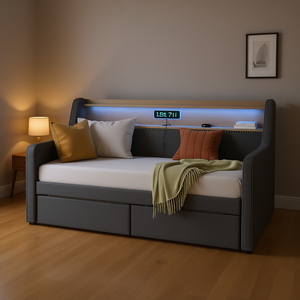 Lit de repos double capitonné avec station de charge LED et tiroirs de rangement, gris, mobilier de chambre moderne - Product Image 2