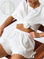 Pakaian Rumah Wanita Set Dua Potong Bahan Campuran Katun 35% Lengan Pendek Celana Pendek Dos Para Set untuk Wanita