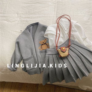 Lin+ Girls' Sweater Cardigan Skirt Set Gray Bear Knit Two Piece School Style Children's Outfit Cotton Woolen Fabric - Product Image 2