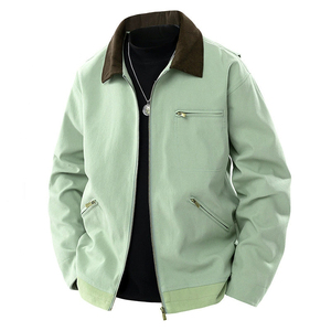 Veste à fermeture éclair à col contrasté en couleur vert olive et brun foncé vintage avec poche - Product Image 3