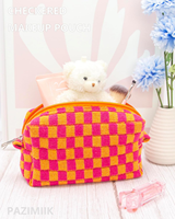 Sac de rangement portable à grande capacité avec fermeture éclair, motif échiquier, en tissu gaufré doux et moelleux, idéal pour cosmétiques et articles de toilette – Nouvelle collection tendance