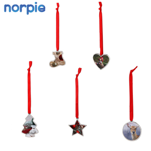 Christmas Tree Home Decoration Sublimation Metal Christmas <strong>Ornaments</strong> with <strong>Red</strong> Ribbon - Product Image 5