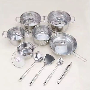 En stock – Ensemble de 14 ustensiles de cuisine en acier inoxydable : casseroles, faitouts, poêles, cuiseurs vapeur, cuillères et spatules - Product Image 6