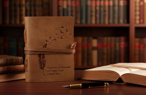 สมุดบันทึกหนังแท้ทำมือ ลายขนนก ขอบกระดาษแบบดั้งเดิม สไตล์วินเทจ - Product Image 2