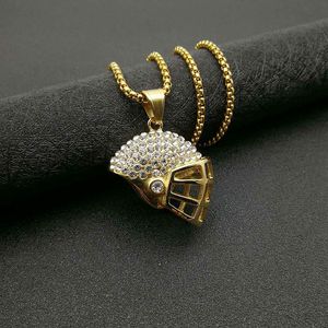 Collier pendentif casque de rugby Hip Hop en acier inoxydable plaqué or avec cristaux sertis pavé, bijoux de fête DZ208A - Product Image 1