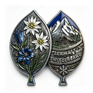 Pin Metálico de Recuerdo de Zermatt, Suiza, Diseño de Montaña con Flores en Relieve de Doble Cara, Plateado, Aleación de Zinc, Esmalte Duro - Product Image 2