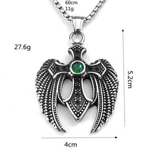 Stainless Steel Men's <b>Cross</b> Wing Pendant With Green Gemstone Asymmetrical Design Necklace Charm Gift - Product Image 5