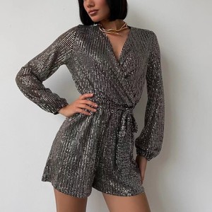 Seiveini Combinaison Femmes Pantalon Chic Soirée Paillettes à Col V Manches Longues Fluide Skinny Fit Combishort Taille Haute Vêtements De Performance A Bleu S