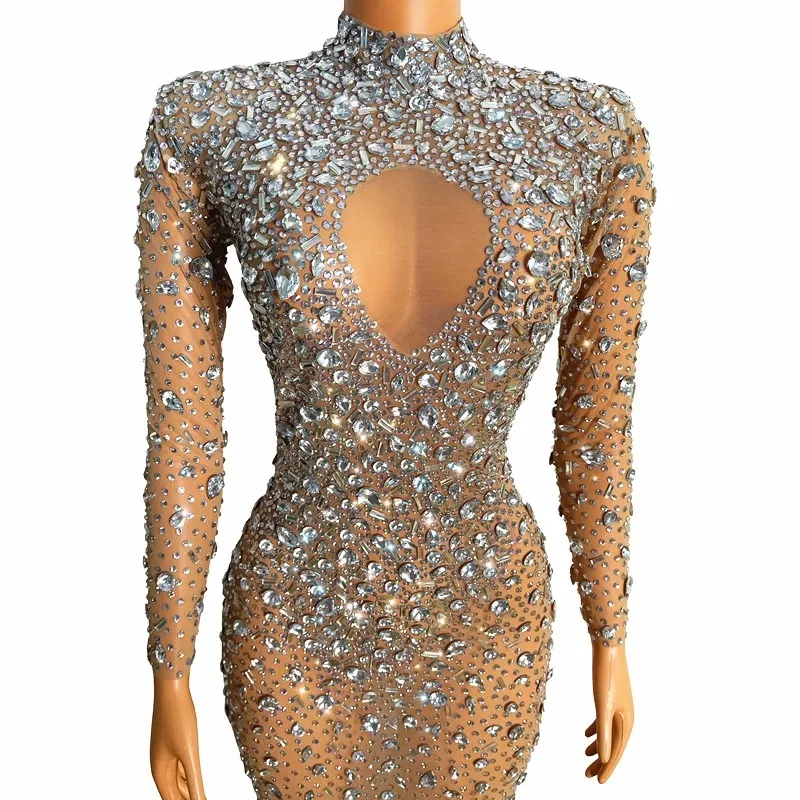 Novance 2021 Zomer Sparkly Zilveren Parels Strass Dans Kostuums Voor Vrouwen Kleding Nachtclubzangeres Avond Vestidos De Gala