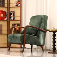 Fauteuil d'appoint en velours vert avec structure en bois massif, fauteuil lounge de style mid-century, siège de détente pour salon