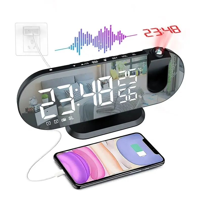 Dual Loud Smart Alarm Clock Projection for Bedroom Radio Digital Alarm Clock with USB Charger Large Mirror LED Display