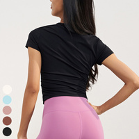 Nuevas camisetas para mujer, camiseta ajustada transpirable con sensación desnuda, ropa deportiva, camiseta de Yoga acanalada de manga corta, camisetas de Fitness para mujer