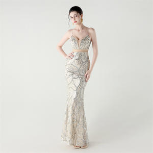 Nuovo Abito da Sera Estivo in Cashmere con Schiena in Rete Trasparente, Spalline Sottili, Effetto Illusione, Stile Red Carpet, Gonna a Sirena Lunga fino al Pavimento con Paillettes - Product Image 5