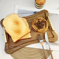 Plateau de service vintage en bois d'acacia de luxe léger avec poignée en métal, plateau en bois massif antiseptique pour le petit-déjeuner, les desserts et les collations