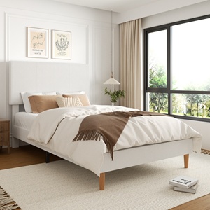 Cadre <span class=keywords><strong>de</strong></span> <span class=keywords><strong>lit</strong></span> Queen Size au design simple et contemporain, style nordique, tissu texturé blanc, <span class=keywords><strong>lit</strong></span> plateforme rembourré, mobilier <span class=keywords><strong>de</strong></span> chambre d'hôtel - Product Image 2