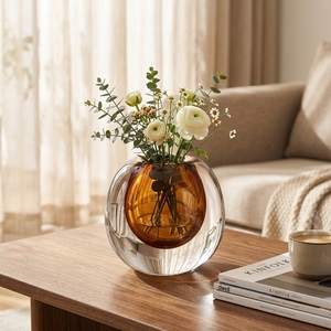 Round Glass Tabletop <b>Vase</b> Handmade Minimalist Design Amber Color Floral Display - Product Image 6