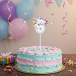 Bougie d'anniversaire colorée en forme de licorne numéro 6 de Peiyong, design conique, joyeux anniversaire, Pâques, Nouvel An, célébrations, emballage en cire - Product Image 3